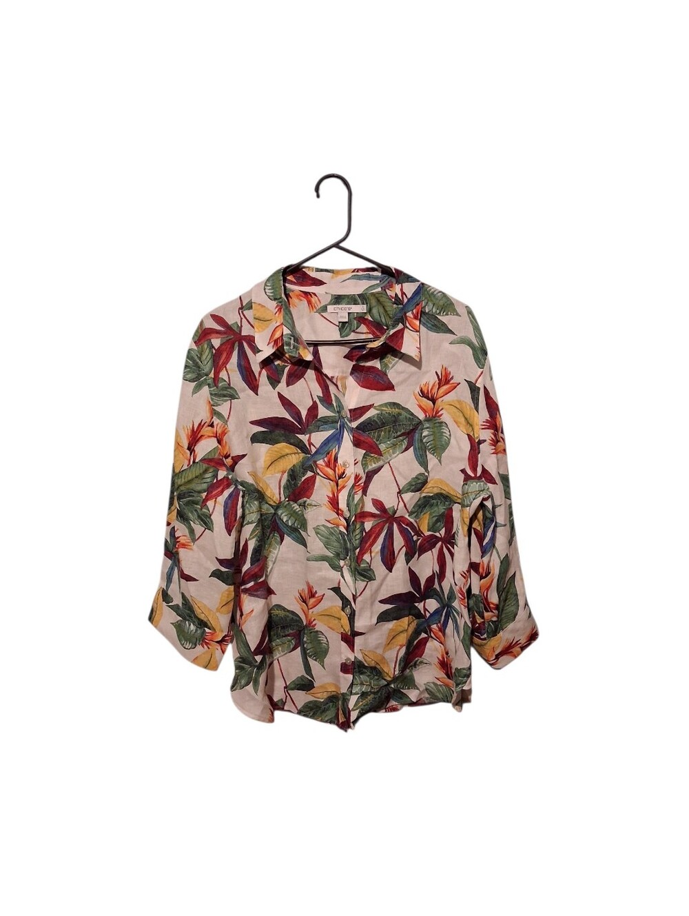 Chicos (3) Linen Shirt Blouse Floral Button DownSize US 16 Tropical Boho Office